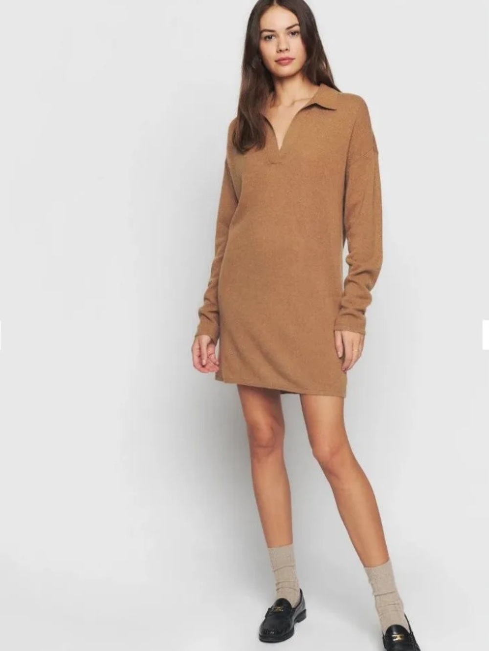 Reformation Doreen Recycled Cashmere Polo Sweater Mini Dress Camel Tan S
